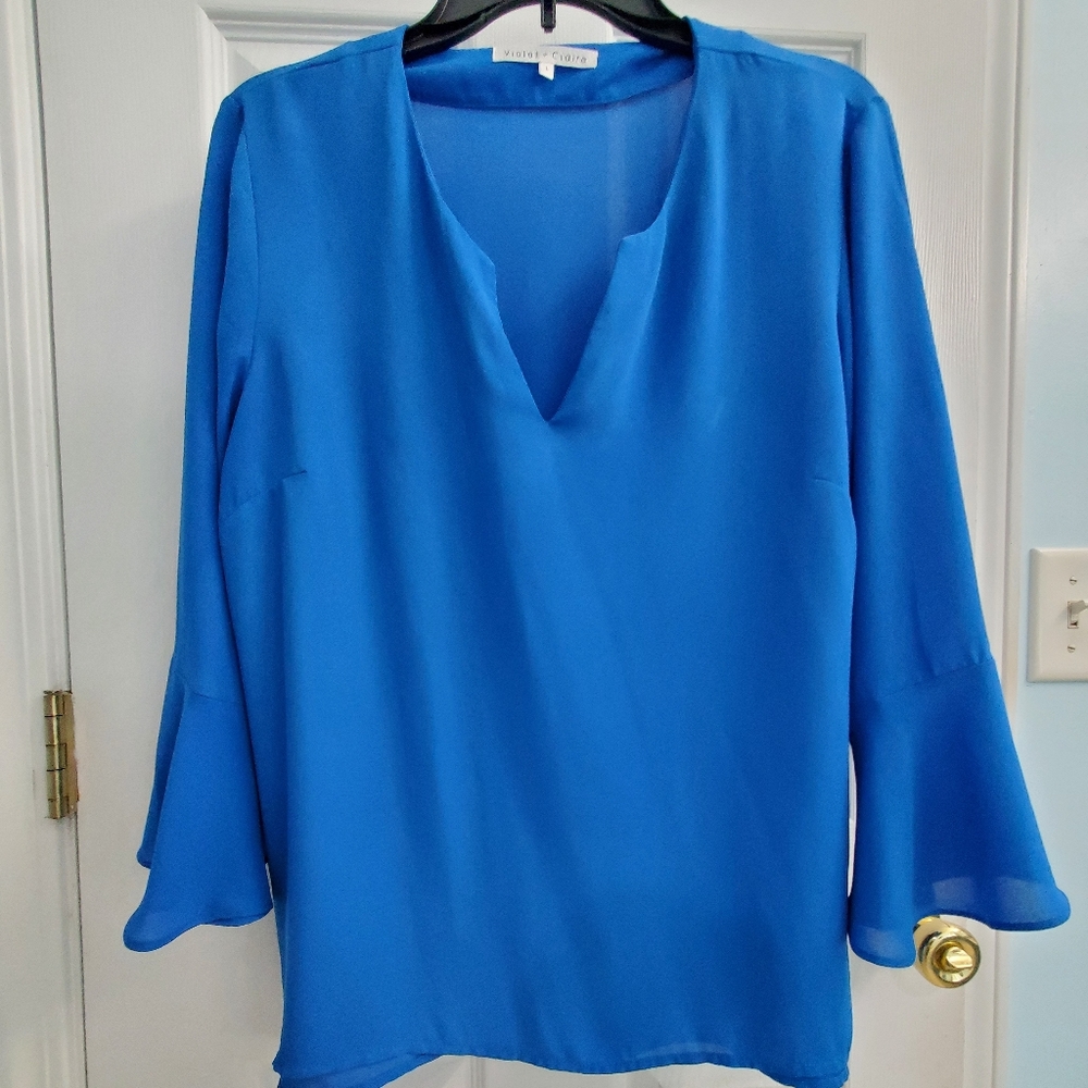Blue long sleeve blouse, Large with ruffle sleeves